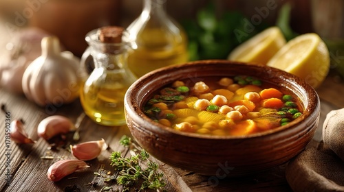 Rustic Mediterranean Chickpea and Vegetable Soup with Olive Oil, Herbs, and Garlic on Wooden Table