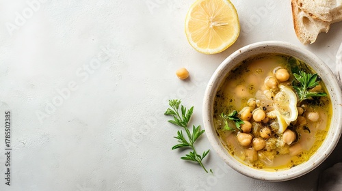 Minimalist Mediterranean Chickpea Soup with Lemon, Olive Oil, and Fresh Herbs on Light Background