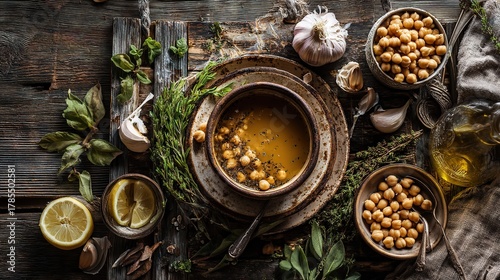 Rustic Flat Lay of Mediterranean Chickpea Soup Ingredients with Garlic, Lemon, and Olive Oil
