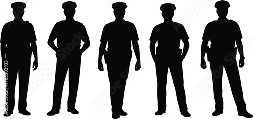 Security team silhouettes, uniformed personnel, standing in line, group discipline, professional posture, caps and uniforms, law enforcement, military style, teamwork, authority, protection, unity