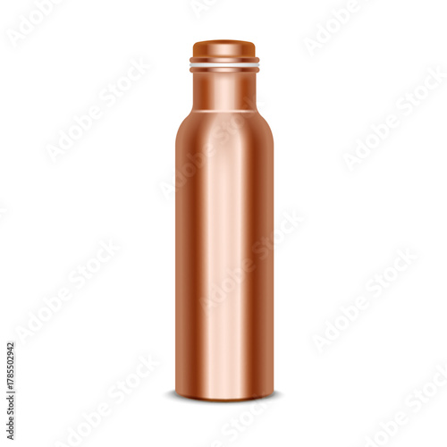 Realistic shiny copper water bottle with screw cap isolated on white front view, 3d vector mockup for ayurveda lifestyle, yoga, or wellness beverage packaging and presentation.