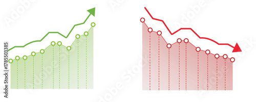 Green business chart upward downward trending arrow, financial volatility graph, market analysis vector, growth decline comparison, isolated data report, dynamic performance illustration