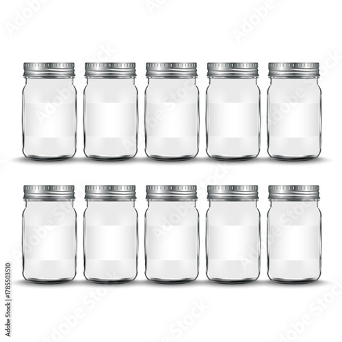 Set of ten glass spice jars with blank labels and metallic screw caps isolated on white front view, masala jars vector 3d mockup for kitchen spice storage or home canning template.