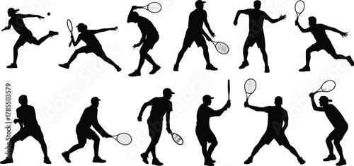 Silhouettes of athletes playing racket sports, dynamic poses, tennis, badminton, squash, paddle, isolated black figures, blue rackets, action stances, sports motion, vector illustration