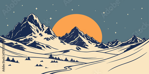 Vintage Style Snowy Mountain Landscape at Sunset winter