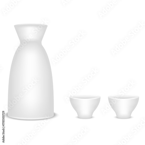 Realistic white ceramic or porcelain sake set isolated on white front view, vector 3d mockup of carafe and two small cups for Japanese drinks and restaurant presentation.