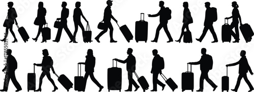Silhouettes of travelers, walking with luggage, airport terminal scene, business travel, tourism, motion blur, journey concept, 