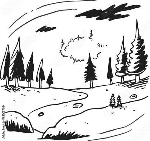 Hand-drawn forest landscape with trees and winding path under sky