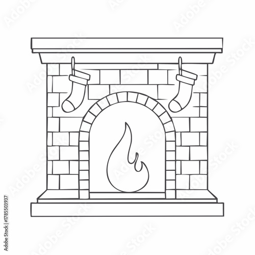 A simple line drawing of a fireplace with stockings hanging on the mantelpiece and a fire burning within