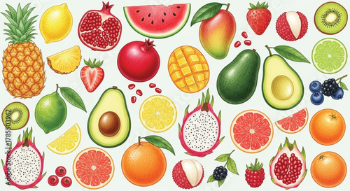 A vibrant and colorful collection of various fresh tropical and citrus fruits illustrated on a light background.