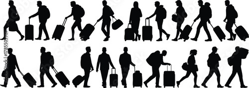 Silhouettes of travelers walking, airport passengers with luggage, people in motion, travel concept, tourism, transit crowd, journey,