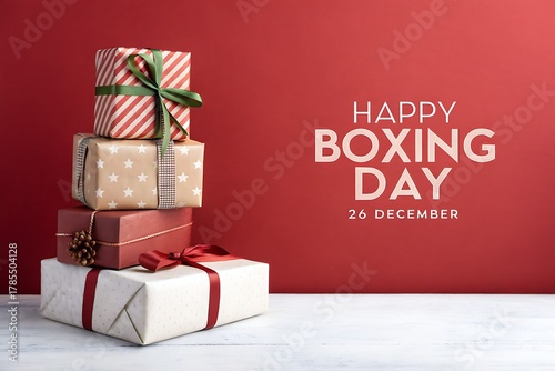 Happy Boxing Day: Stacked Gift Boxes With Ribbons On Red Background

