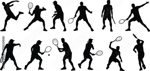 Tennis player silhouette, action poses, racket highlight, serve motion, sports training, dynamic movement, athlete form, black figure, isolated, competitive game, fitness concept, agility