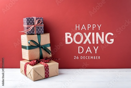 Happy Boxing Day: Stacked Gift Boxes With Ribbons On Red Background

