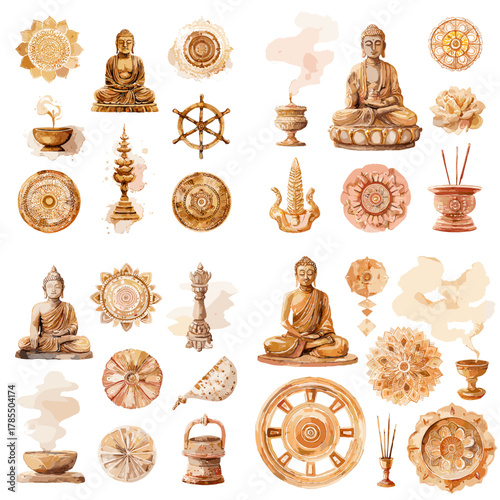 Watercolor set of Buddha statues, mandalas, dharma wheels, incense burners, lotus symbols, and sacred ornaments in warm earthy tones for spiritual and cultural designs.