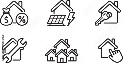 Real Estate and Home Services Icons with House, Money, and Tools property mortgage