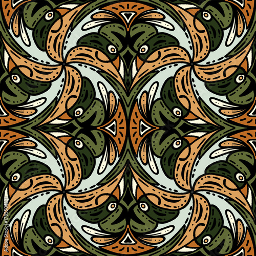 vintage seamless pattern inspired by art nouveau floral motifs, featuring elegant botanical with ornate lines and symmetry, perfect for textile, wallpaper, packaging, fabric, and stationery design