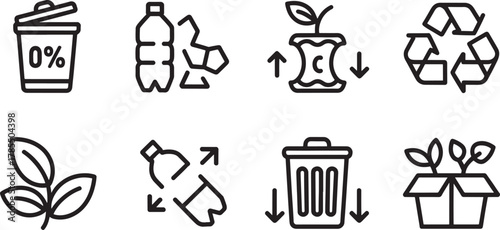 Recycling and sustainability icons including trash and plants Keywords: recycling icons
