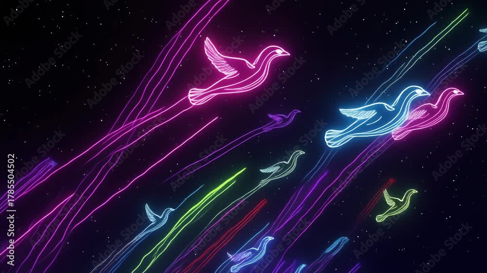 Pájaros de neón volando en un cielo estrellado oscuro con estelas de luz vibrantes.