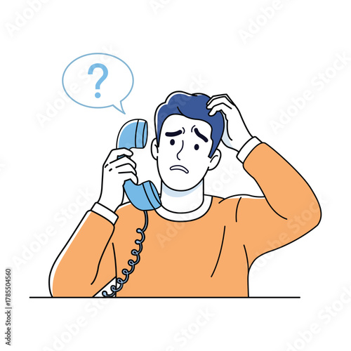 Man holding a blue telephone receiver with a confused expression and a question mark above him