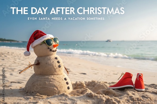 The Day After Christmas On The Beach With A Snowman And Santa Hat For Holiday Vacation Stock Image

