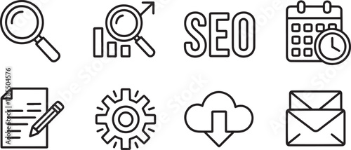 SEO and business icons including search calendar document and cloud search engine optimization