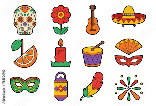 Festive skull icons set in modern flat vector style with colorful sugar skulls, marigold flowers, guitar, sombrero, candles, fruits, confetti, fan, and lantern elements