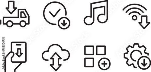 Set of eight download and data transfer icons on white background upload