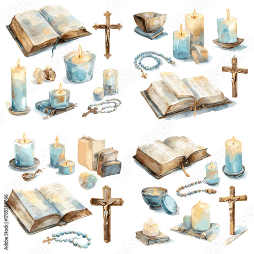 Watercolor illustrations of Bibles, candles, crosses, rosaries, and devotional objects in soft blue and gold tones, ideal for Christian themes, prayer visuals, and spiritual designs.