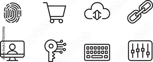 Set of eight technology and business icons on white background Keywords: icon, technology, business