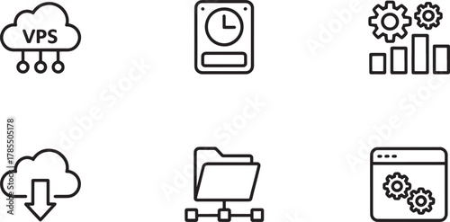 Set of six cloud computing and data management outline icons virtual private server network
