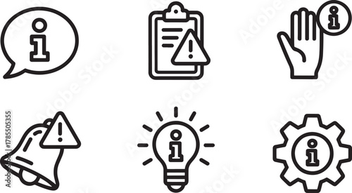 Set of six information and alert icons on white background notification warning