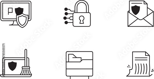 Set of six outline icons for cybersecurity and data protection shield