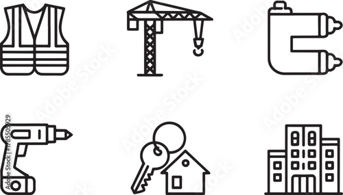 Six Black Outline Icons for Construction and Real Estate building safety vest