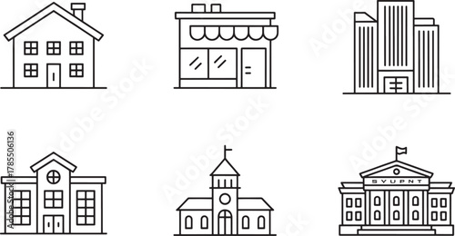 Six black outline icons of various building types on a white background house home