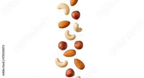 Falling mixed nuts isolated on transparent background, almonds, cashews, hazelnuts