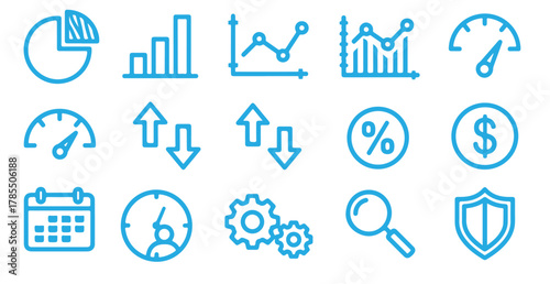Set of business and finance icons in line style, featuring data analysis, performance metrics, and financial indicators, isolated on white background ideal for dashboards and infographics
