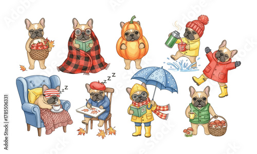 Cartoon dogs dressed in autumn clothes holding fall themed objects