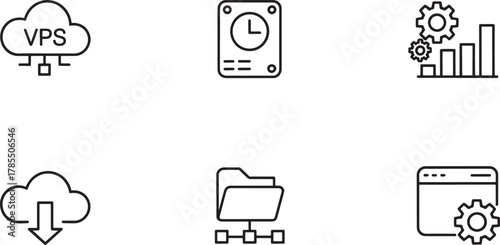 Six outline icons for cloud computing and data management services vector illustration