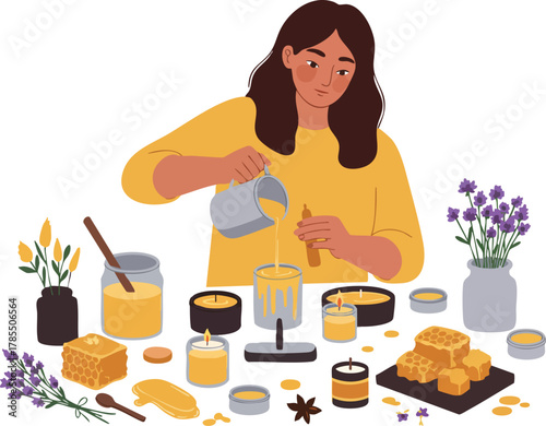 A woman in a yellow shirt pouring honey into a glass jar surrounded by candles, flowers, and honeycombs on a table in a 2D flat illustration for World Candle Day.