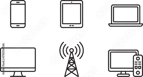 Six electronic device and communication icons with black outlines on white Keywords: smartphone