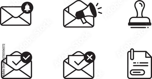 Six outline icons related to email communication and document processing vector illustration