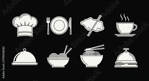 A collection of eight monochrome icons representing various food and dining-related elements, set against a black background.