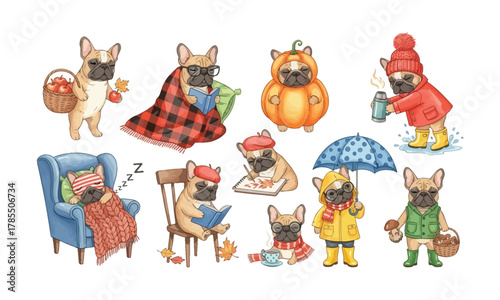 Collection of cartoon dogs dressed in fall clothing with autumn icons