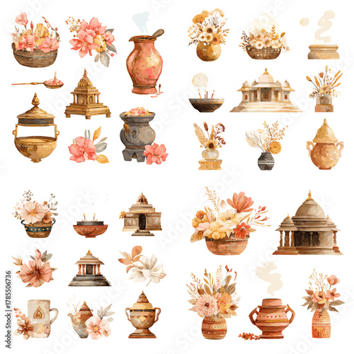 Watercolor set of Asian temples, vases, offerings, floral arrangements, and ceremonial vessels in warm earthy tones, ideal for cultural, spiritual, and traditional design projects.