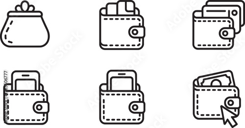 Six wallet and money related line art icons on white background purse cash