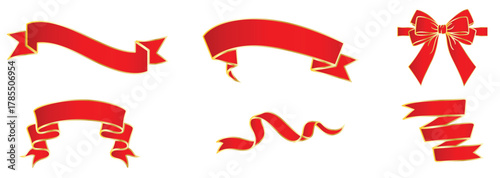 Set of five red ribbons, promotion sale banner vector, festive award label, isolated element collection, celebration event graphic, decorative scroll variety, gift tag design