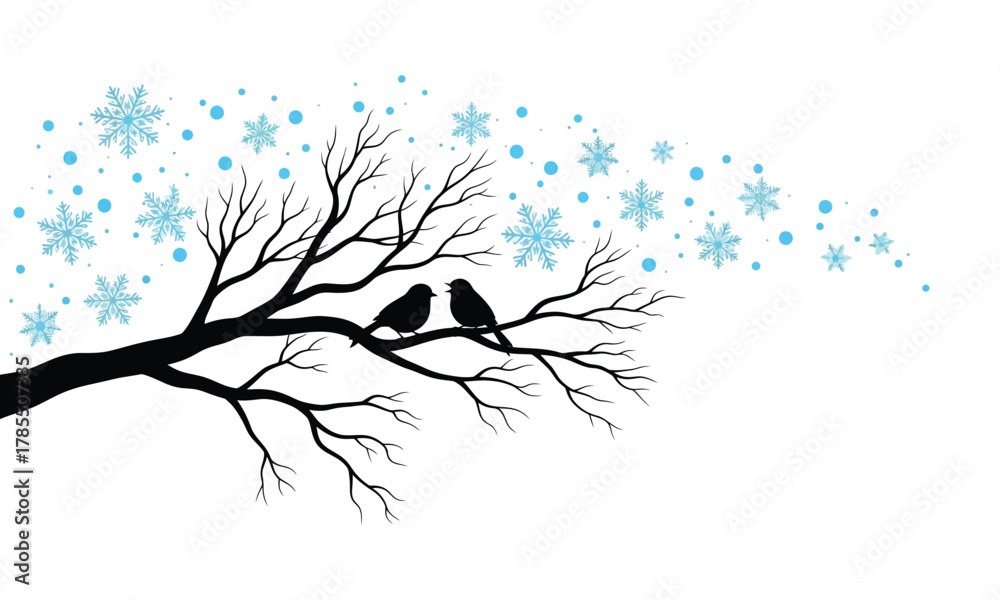 Fototapeta premium Winter birds on branch silhouette vector illustration design