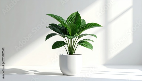 Lush green plant in white pot, sunlit on a white background