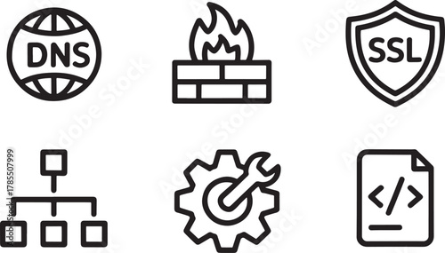 Technology Icons DNS Firewall SL Network Structure Gear and Code Document domain name system globe